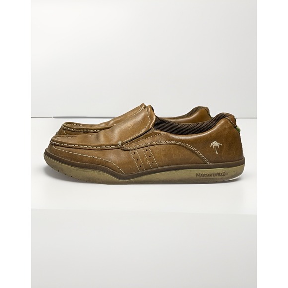 Margaritaville Mens 10 Boat Shoes Bonaire Leather‎ Slip On Loafer Brown Vacation - Picture 1 of 8